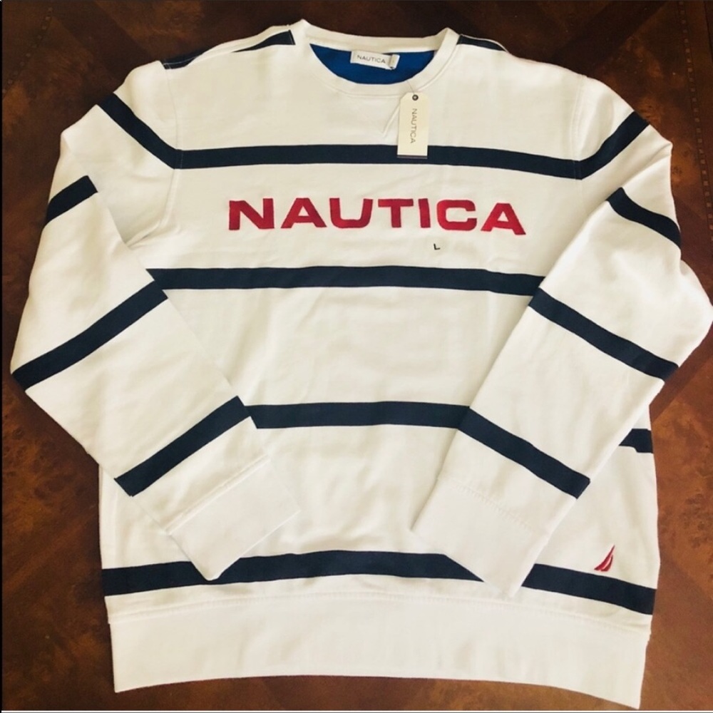 Crewneck Pullover Sweater Sailor White Blue Red - Picture 5 of 7